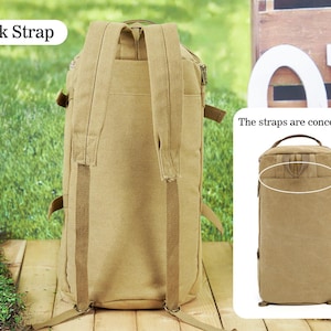 May include: A tan canvas backpack with adjustable straps. The straps are concealable, making it easy to carry discreetly. The backpack has a zippered closure and a large main compartment.