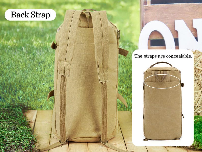 May include: A tan canvas backpack with adjustable straps. The straps are concealable, making it easy to carry discreetly. The backpack has a zippered closure and a large main compartment.