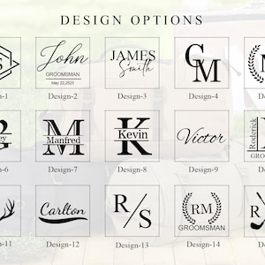 May include: A graphic showing 15 different design options for a personalized groomsman gift. The designs include initials, names, and other decorative elements.