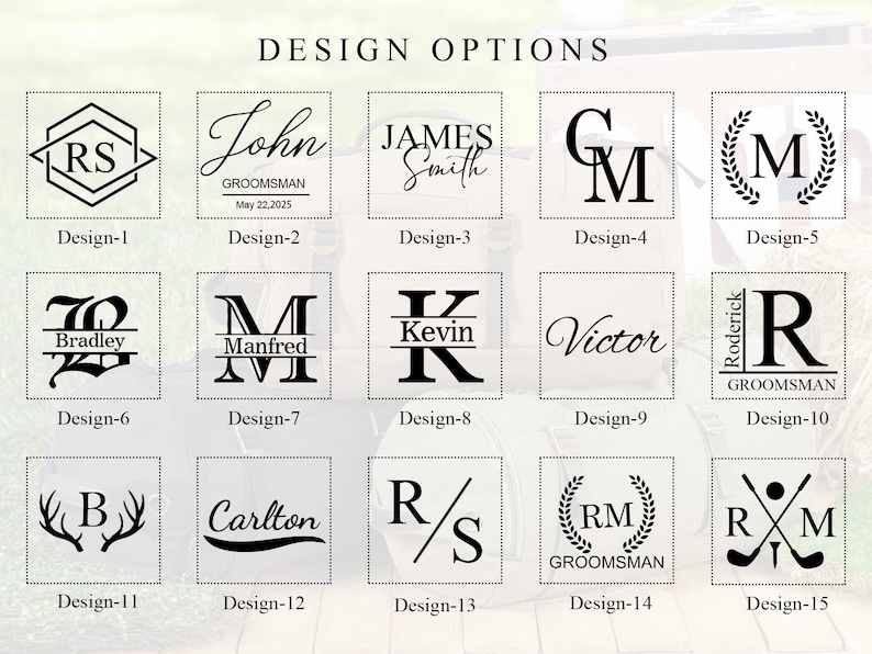 May include: A graphic showing 15 different design options for a personalized groomsman gift. The designs include initials, names, and other decorative elements.