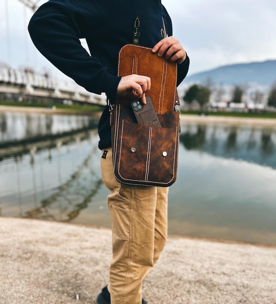 Handmade Leather Messenger Bag, Brown and Green Crossbody Satchel