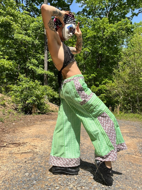 Trippy bright green long tall vintage polyester wide leg pants  patchwork corset tie waist ooak