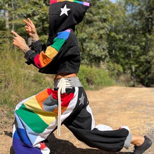 PrizmGuard cropped rainbow  Star  denim hoodie jacket upcycled patchwork ooak D20