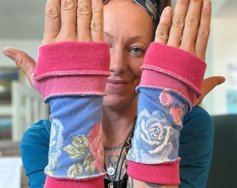 Pink blue rose cashmere armwarmers upcycled wool ooak A10