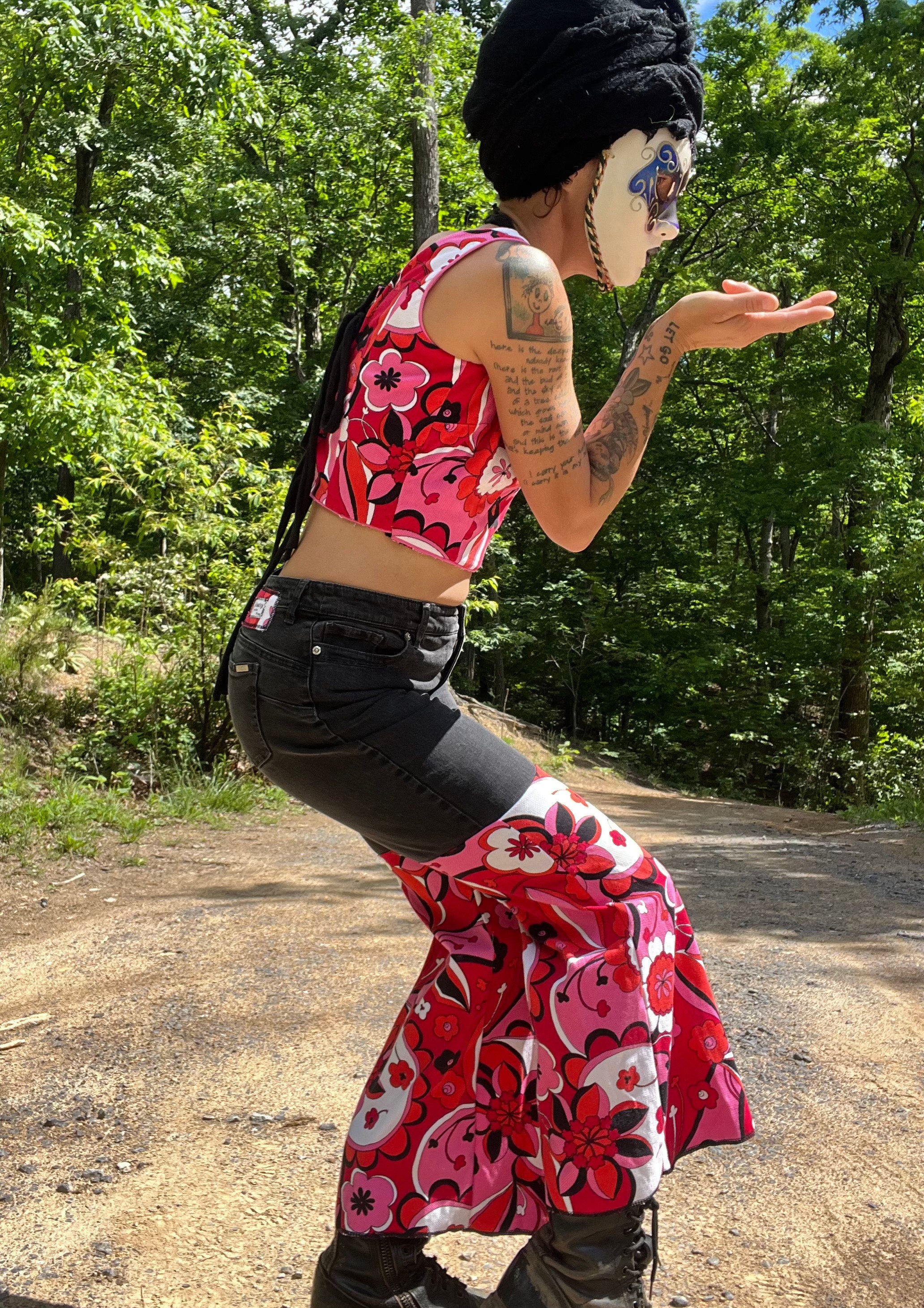 Black Hot Pink Trippy Stretch Denim Bohemian Flare Bell Black Hot Pink Trippy Stretch Denim Bohemian Flare Bell
