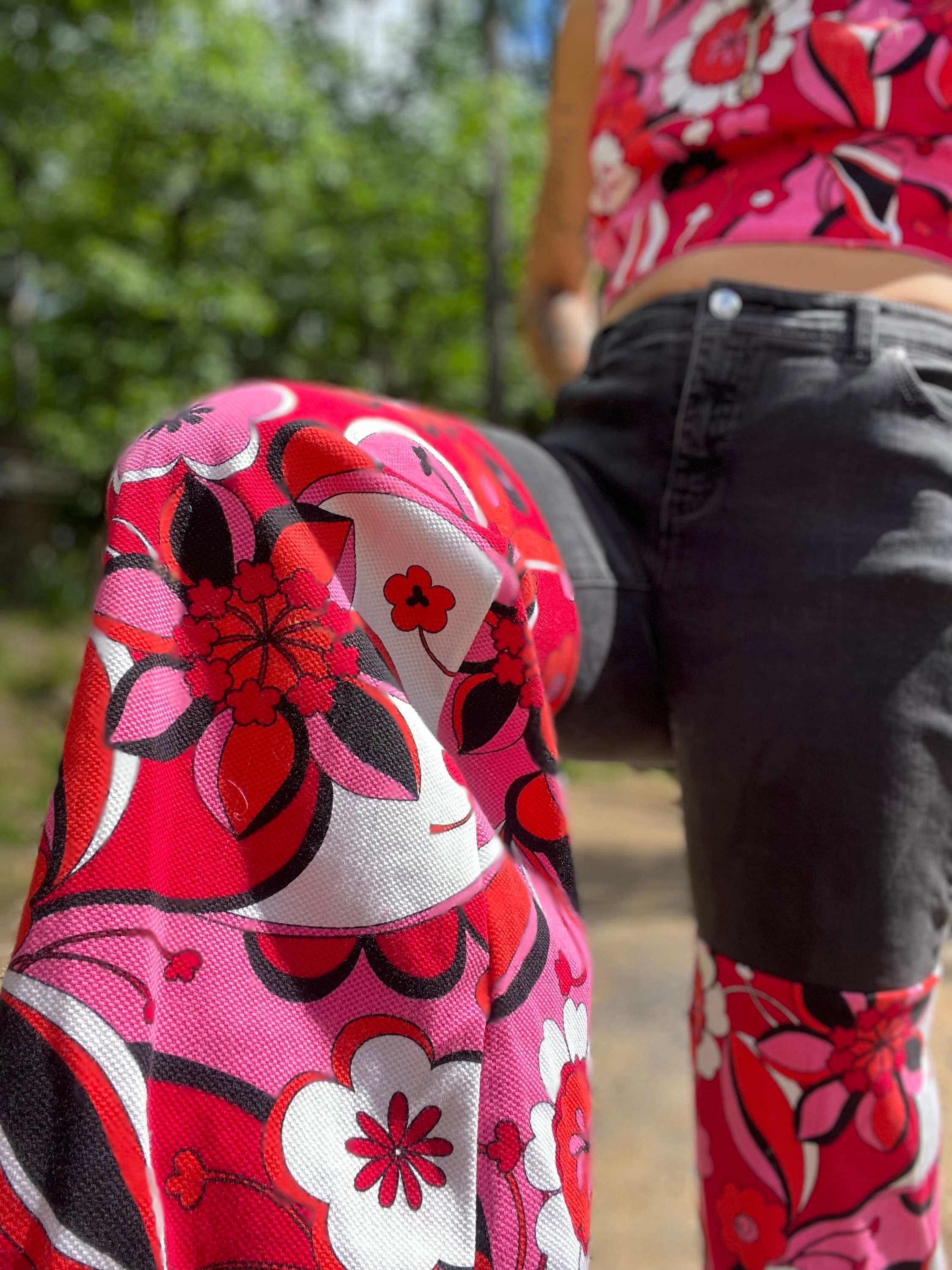Black Hot Pink Trippy Stretch Denim Bohemian Flare Bell Black Hot Pink Trippy Stretch Denim Bohemian Flare Bell