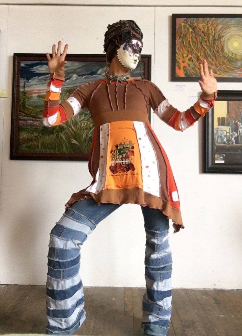 Plant Goals Harvest Dreams pumpkin autumn orange brown tunic upcycled cotton ooak