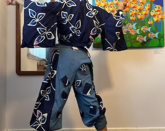Blauwe funky patchwork denim katoenen corset gestrikte broek geüpcycled ooak A2