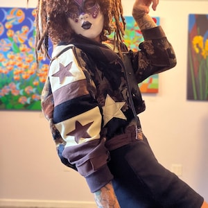 The Star is The Root  Ninja hoodie jacket upcycled cotton denim patchwork ooak D19