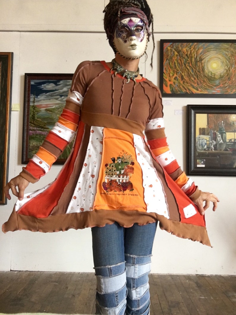 Plant Goals Harvest Dreams pumpkin autumn orange brown tunic upcycled cotton ooak