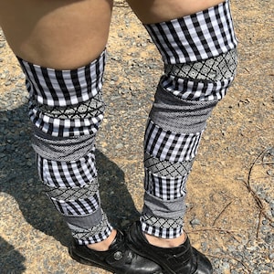 Extra long Thigh High trippy  black white   Checkered legwarmers upcycled patchwork cotton  poly   ooak JP5