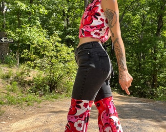 Black Hot Pink Trippy Stretch Denim Bohemian Flare Bell Black Hot Pink Trippy Stretch Denim Bohemian Flare Bell