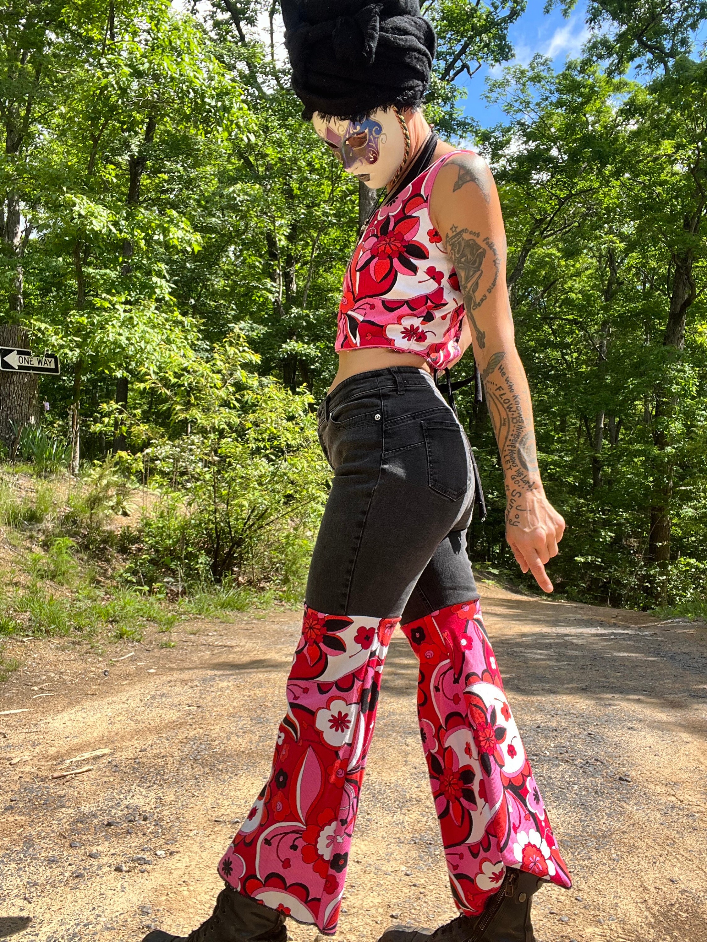 Black Hot Pink Trippy Stretch Denim Bohemian Flare Bell Black Hot Pink Trippy Stretch Denim Bohemian Flare Bell
