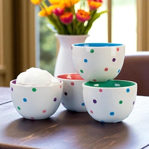 Polka Dot Ceramic Bowls Set of 4 – Colorful Kitchen Prep & Dessert Bowls by William Roberts, Fun Handpainted Dinnerware