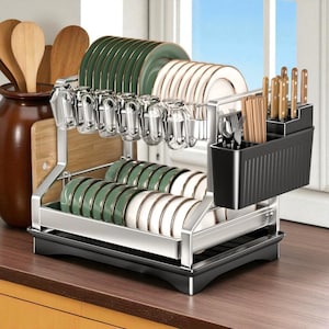2-Tier Dish Drying Rack with Cup and Utensil Holder, Cutting Board Stand & Draining Tray, Stainless Steel Kitchen Counter Organizer