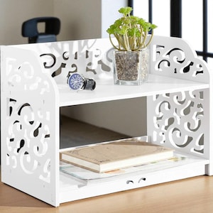 White Scrollwork Desktop Bookshelf | 2-Tier Organizer Shelf for Office, Makeup, Kitchen or Stationery Storage
