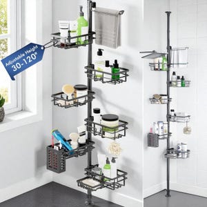 7-Tier Shower Caddy Organizer, Adjustable Tension Pole Corner Shelf, Rustproof Bathroom Storage Rack with Baskets & Hooks