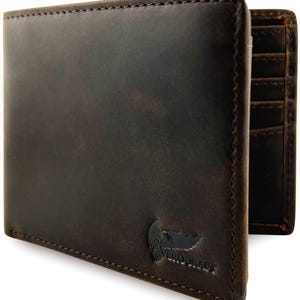 Cartera plegable de piel de grano completo con RFID: billetera delgada para hombre con 10 ranuras para tarjetas, 2 ventanas para identificación y caja de regalo incluida.