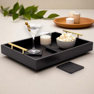 Wooden Coffee Table Serving Tray with Interchangeable Handles & 2 Coasters – Black Ottoman Tray for Serving and Home Décor