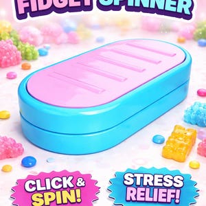 May include: A pink and blue magnetic fidget spinner with the text "MAGNETIC FIDGET SPINNER". The image also includes the text "CLICK & SPIN!" and "STRESS RELIEF!". The spinner is rectangular in shape.