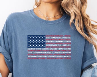 Comfort Colors® Vintage American Flag T-Shirt with States Fourth of July Tees United States T-Shirt July 4th Tee USA Shirt  Patriotic Shirt