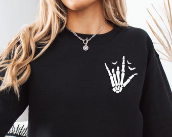 Sudadera con mano de esqueleto, camiseta de Halloween de esqueleto, sudadera de Halloween para mujer, sudadera con capucha de temporada espeluznante, camiseta de esqueleto de rock, camiseta de rock and roll