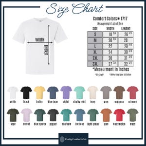 May include: A size chart for Comfort Colors 1717 heavyweight adult tees. The chart shows measurements in inches for sizes S through 3XL. The image also displays a variety of t-shirt colors, including white, black, and blue jean.