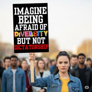 May include: A woman holds a black sign with white text that reads "IMAGINE BEING AFRAID OF DIVERSITY BUT NOT DICTATORSHIP." The word "DIVERSITY" is in colorful letters. A crowd of people is in the background.