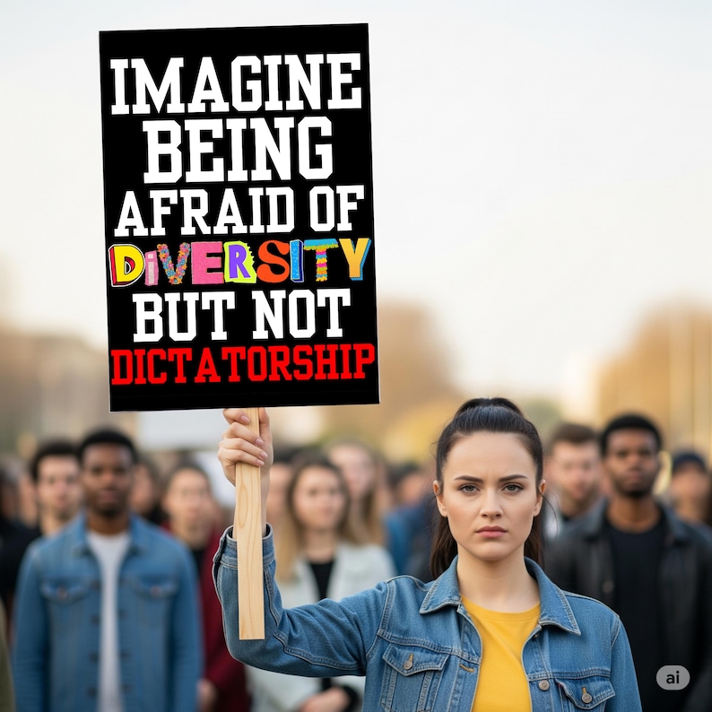 May include: A woman holds a black sign with white text that reads "IMAGINE BEING AFRAID OF DIVERSITY BUT NOT DICTATORSHIP." The word "DIVERSITY" is in colorful letters. A crowd of people is in the background.