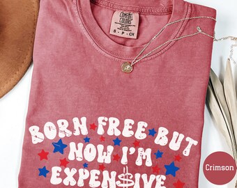 Comfort Colors® Born Free But Now I'm Expensive T-Shirt Funny Retro Hotdog Tee Women's 4th of July Shirt  Funny 4th of July Patriotic Shirt