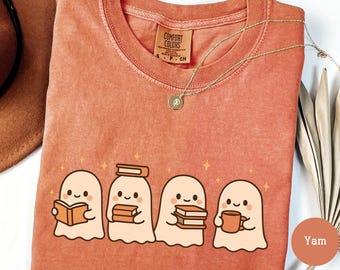 Comfort Colors® Cute Ghost Reading Book Halloween T-Shirt Ghost Reading Shirt Ghost Halloween Tee Shirt for Book Lover Halloween Gift