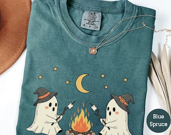 Comfort Colors®  Cute Ghosts Camping T-Shirt Spooky Summer Shirt Summerween T-Shirt Funny Ghost T-Shirt Retro Halloween T-Shirt for Women
