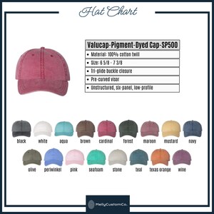 May include: A hat chart featuring a Valucap-Pigment-Dyed Cap-SP500 in various colors, including black, white, aqua, brown, cardinal, forest, maroon, mustard, and navy. The hat is made of 100% cotton twill and has a size range of 6 5/8 - 7 3/8.
