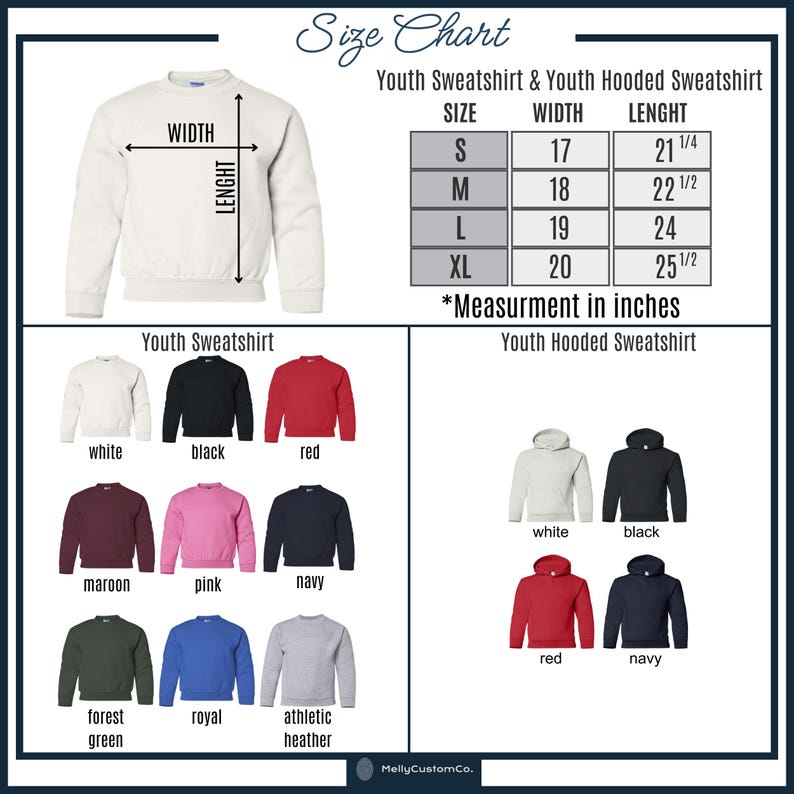 K&ouml;nnte beinhalten: Eine Gr&ouml;&szlig;entabelle f&uuml;r Sweatshirts und Kapuzenpullover f&uuml;r Jugendliche. Die Tabelle zeigt die Ma&szlig;e in Zoll f&uuml;r die Gr&ouml;&szlig;en S, M, L und XL. Verschiedene Farben von Sweatshirts werden angezeigt, darunter Wei&szlig;, Schwarz, Rot, Bordeaux, Pink, Marine, Waldgr&uuml;n, Royal und Athletic Heather.