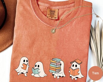 Comfort Colors® Cute Ghost Reading Book Halloween Tshirt Ghost Reading Shirt Ghost Girly Halloween Tee Shirt for Book Lover Halloween Gift
