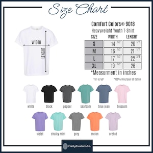 May include: Size chart for Comfort Colors 9018 heavyweight youth t-shirts. Includes measurements in inches for sizes S, M, L, and XL. Available colors include white, black, pepper, seafoam, blue jean, blossom, violet, chalky mint, grey, melon, and orchid.