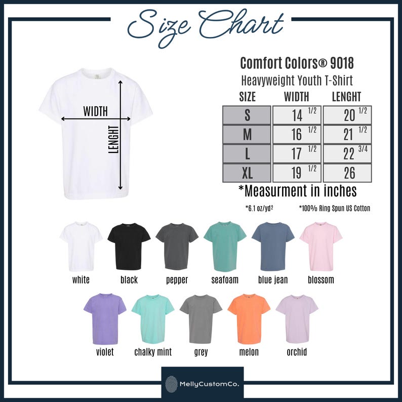 May include: Size chart for Comfort Colors 9018 heavyweight youth t-shirts. Includes measurements in inches for sizes S, M, L, and XL. Available colors include white, black, pepper, seafoam, blue jean, blossom, violet, chalky mint, grey, melon, and orchid.