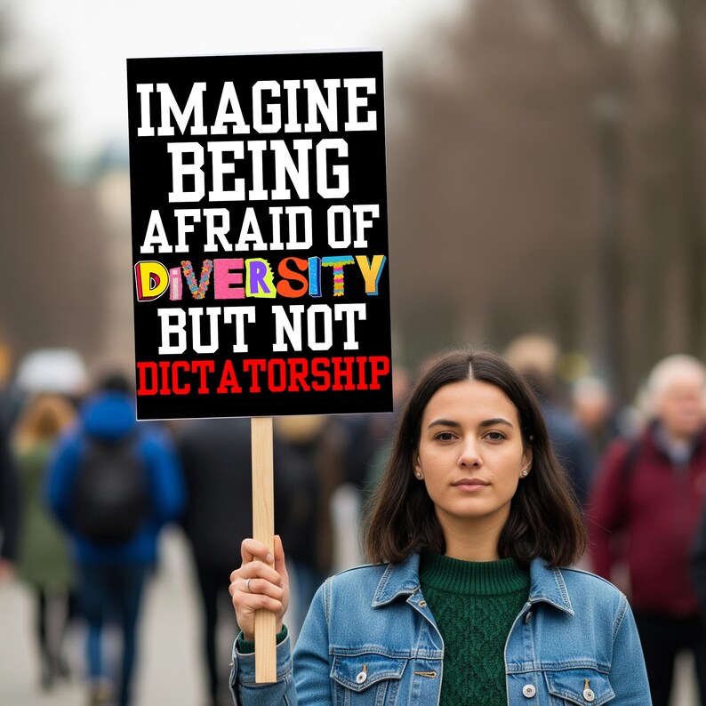 May include: A woman holds a black sign with white and colorful text that reads: "IMAGINE BEING AFRAID OF DIVERSITY BUT NOT DICTATORSHIP." She wears a denim jacket and green sweater. The background shows a crowd of people.