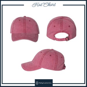 May include: A set of three views of a dusty rose baseball cap. The cap has a curved brim, a fabric strap with a metal buckle, and a top button. The text "Hat Chart" is at the top of the image.