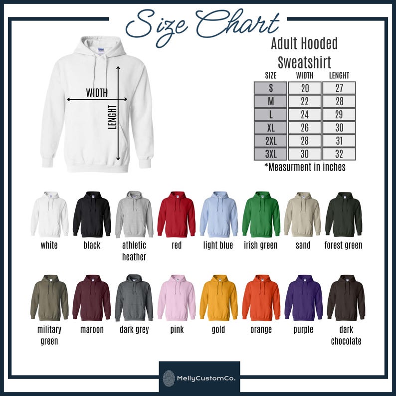 K&ouml;nnte beinhalten: Eine Gr&ouml;&szlig;entabelle f&uuml;r Kapuzenpullover f&uuml;r Erwachsene, mit Ma&szlig;en in Zoll. Die Tabelle umfasst die Gr&ouml;&szlig;en S bis 3XL mit Breiten- und L&auml;ngenma&szlig;en. Verschiedene Farben von Sweatshirts werden angezeigt, darunter Wei&szlig;, Schwarz, Rot und Gr&uuml;n.