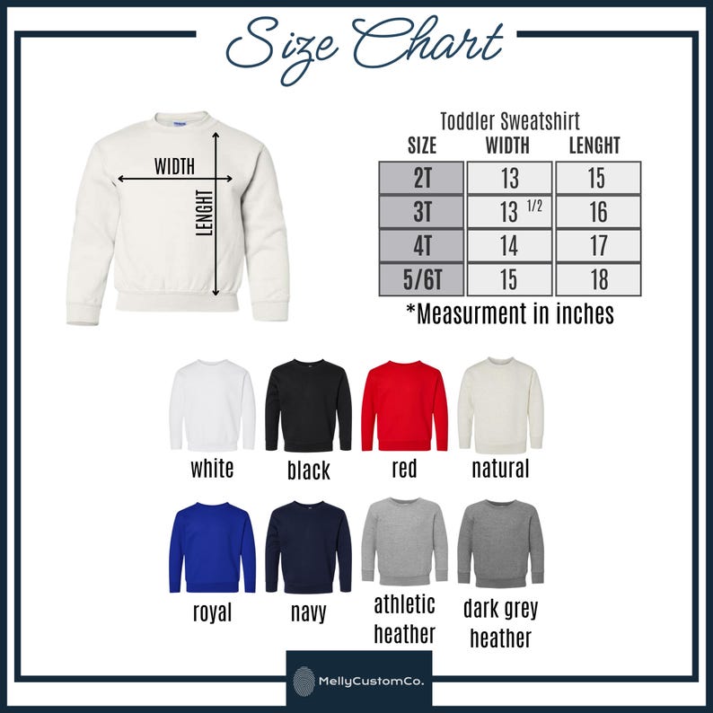 K&ouml;nnte beinhalten: Gr&ouml;&szlig;entabelle f&uuml;r Sweatshirts f&uuml;r Kleinkinder, mit Ma&szlig;en in Zoll. Verf&uuml;gbare Farben sind Wei&szlig;, Schwarz, Rot, Natur, Royalblau, Marineblau, Athletic Heather und Dunkelgrau Heather. Gr&ouml;&szlig;en von 2T bis 5/6T.