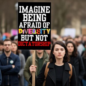 May include: A woman holds a sign with the text "IMAGINE BEING AFRAID OF DIVERSITY BUT NOT DICTATORSHIP" in a crowd of people. The sign is black with white, yellow, red, and blue lettering. The woman wears a black coat and a backpack.