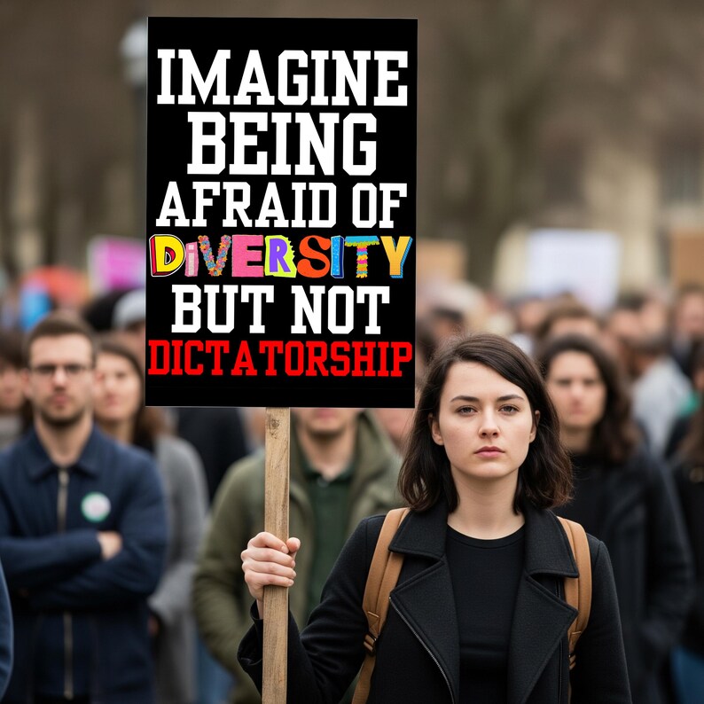 May include: A woman holds a sign with the text "IMAGINE BEING AFRAID OF DIVERSITY BUT NOT DICTATORSHIP" in a crowd of people. The sign is black with white, yellow, red, and blue lettering. The woman wears a black coat and a backpack.