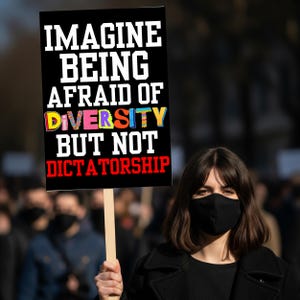 May include: A black sign with the text "IMAGINE BEING AFRAID OF DIVERSITY BUT NOT DICTATORSHIP" in white, red, and colorful letters. A person wearing a black face mask holds the sign in a crowd.