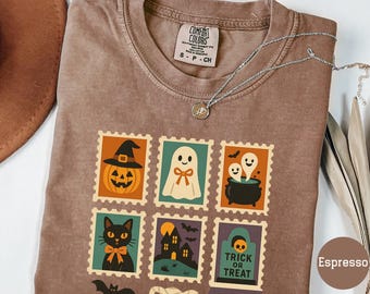 Comfort Colors Halloween Vintage Stamp Shirt Retro Ghost Shirt Cute Fall Shirt Women's Halloween Tee Pumpkin Season Tee Cute Ghost Tee