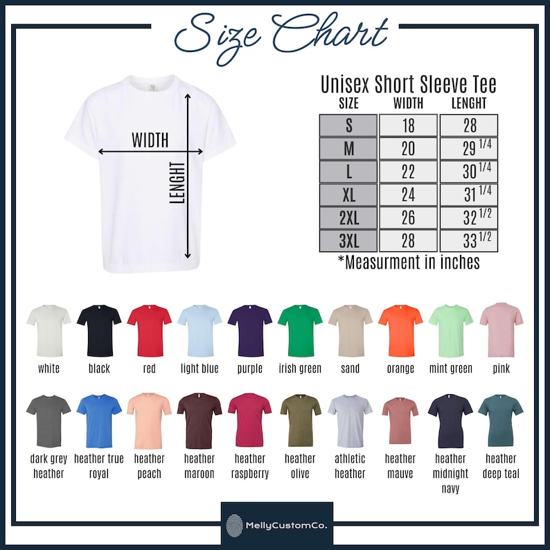 K&ouml;nnte beinhalten: Eine Gr&ouml;&szlig;entabelle f&uuml;r ein Unisex-T-Shirt mit kurzen &Auml;rmeln, mit Ma&szlig;en in Zoll. Die Tabelle enth&auml;lt die Gr&ouml;&szlig;en S bis 3XL mit den entsprechenden Breiten- und L&auml;ngenma&szlig;en. Eine Farbpalette der verf&uuml;gbaren T-Shirt-Farben wird unterhalb der Tabelle angezeigt.
