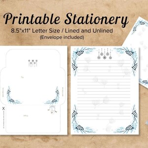 Papel de carta de inverno para impressão, papelaria em tons frios, folha de escrita energética de inverno, papel de carta inspirado na neve, papelaria com clima de inverno descontraído.
