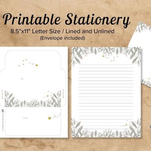 Papel de carta de primavera imprimible, papelería de hojas verde pálido, papel de notas de abeja minimalista, hojas de escritura botánicas, diseño fresco de temporada.