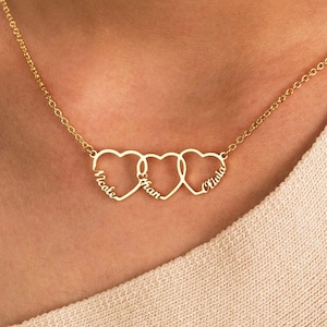 14K Gold Heart Name Necklace, Family Name Necklace for Mom, Multi Heart Necklace with Name, Mother Necklace, New Mom Gift, Gift for Grandma