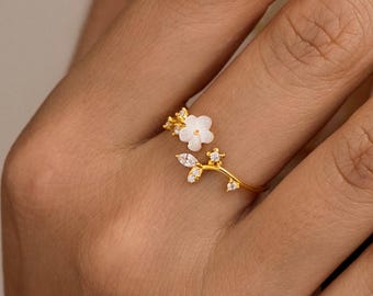 Anillo de flor de sakura, anillo de flor, anillos de sakura, anillos ajustables, anillo de flor de cerezo, joyería de flores, regalo de cumpleaños para ella
